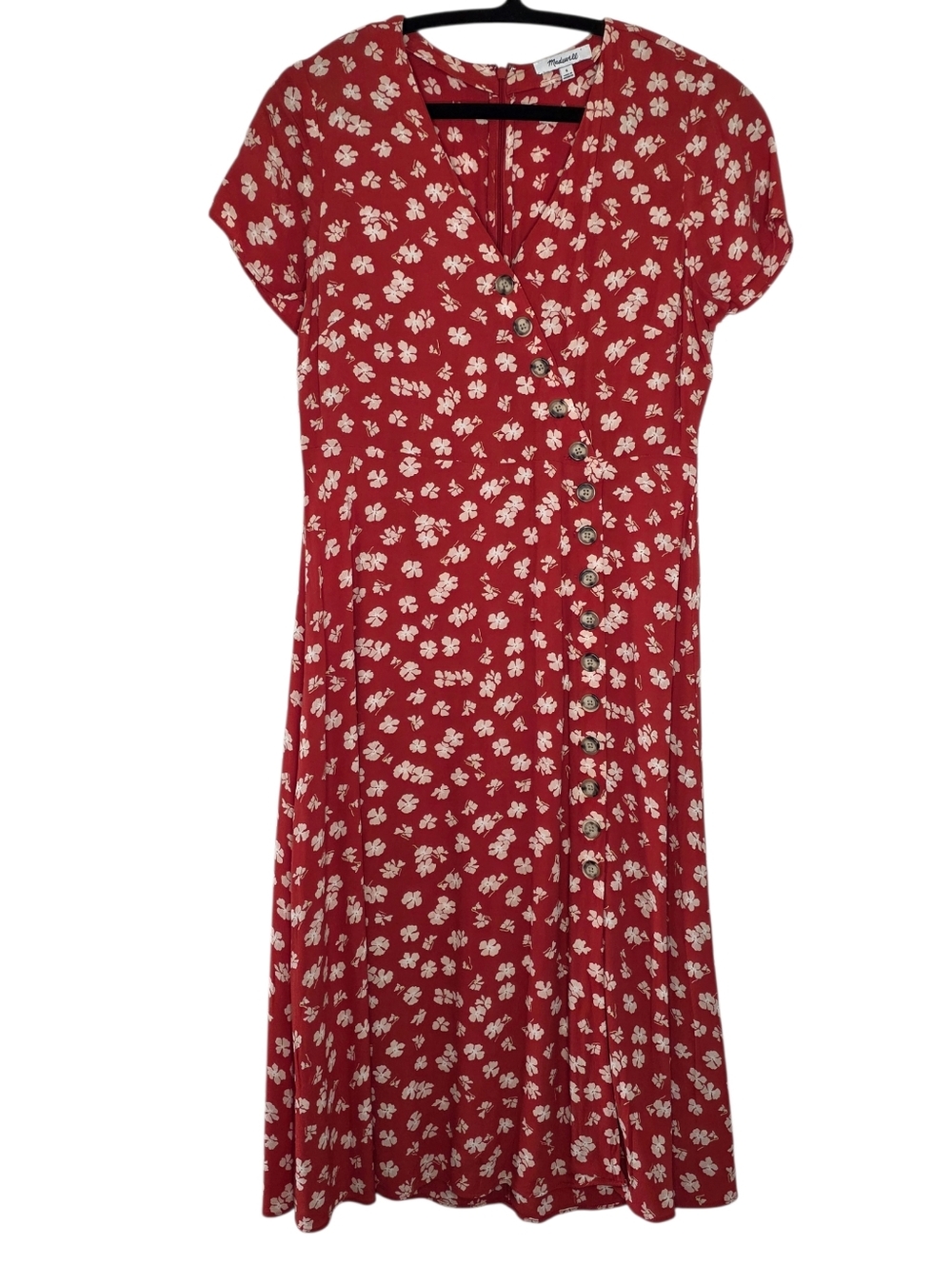 Madewell Hibiscus Print Button Wrap Midi Dress Size 6 Floral Viscose Summer - Picture 2 of 13